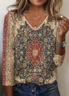 Kadın Truvakarkollu V Yakalı Etnik Desenli Süprem Bluz