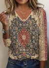 Kadın Truvakarkollu V Yakalı Etnik Desenli Süprem Bluz
