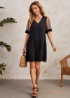 Kadın Tüllü Kısa Kollu V Yaka Krep Elbise
