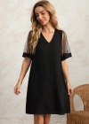 Kadın Tüllü Kısa Kollu V Yaka Krep Elbise