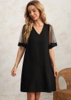 Kadın Tüllü Kısa Kollu V Yaka Krep Elbise