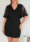 Kadın Tüllü Kısa Kollu V Yaka Krep Elbise
