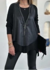 Kadın Uzun Kol Asimetrik Kesim Viskon Bluz Ve çatlak Deri Görünümlü Fermuar Detaylı Yelek Ikili Takım