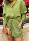 Kadın Uzun Kollu alaş Gömlek Ve şort Keten Ikili Takım