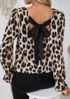 Kadın Uzun Kollu Arkadan Fiyonk Detaylı Leopar Desenli Süprem Bluz