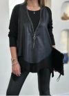 Kadın Uzun Kollu Asimetrik Kesim Viskon Bluz Ve çatlak Deri Görünümlü Yelek Ikili Takım