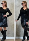 Kadın Uzun Kollu Asimetrik Yaka Süet Ve Deri Mini Boy Elbise