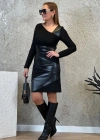 Kadın Uzun Kollu Asimetrik Yaka Süet Ve Deri Mini Boy Elbise