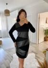 Kadın Uzun Kollu Asimetrik Yaka Süet Ve Deri Mini Boy Elbise