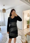 Kadın Uzun Kollu Asimetrik Yaka Süet Ve Deri Mini Boy Elbise