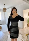 Kadın Uzun Kollu Asimetrik Yaka Süet Ve Deri Mini Boy Elbise