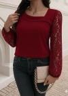 Kadın Uzun Kollu Asimetrik Yakalı Dantelli Ithal Krep Bluz