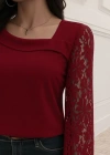 Kadın Uzun Kollu Asimetrik Yakalı Dantelli Ithal Krep Bluz