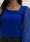 Kadın Uzun Kollu Asimetrik Yakalı Dantelli Ithal Krep Bluz
