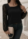 Kadın Uzun Kollu Asimetrik Yakalı Dantelli Ithal Krep Bluz
