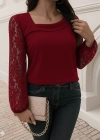 Kadın Uzun Kollu Asimetrik Yakalı Dantelli Ithal Krep Bluz