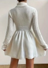 Kadın Uzun Kollu Balıkçı Yaka Belden Yaka Belden Büzgülü Kısa Triko Elbise