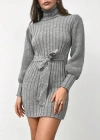 Kadın Uzun Kollu Balıkçı Yaka Beli Kuşaklı Mini Triko Elbise
