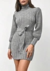 Kadın Uzun Kollu Balıkçı Yaka Beli Kuşaklı Mini Triko Elbise