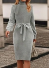 Kadın Uzun Kollu Balıkçı Yaka Beli Kuşaklı Mini Triko Elbise