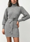 Kadın Uzun Kollu Balıkçı Yaka Beli Kuşaklı Mini Triko Elbise