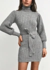 Kadın Uzun Kollu Balıkçı Yaka Beli Kuşaklı Mini Triko Elbise
