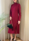 Kadın Uzun Kollu Balıkçı Yaka Derin Yırtmaç Detay Krep Elbise