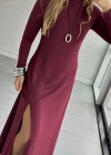 Kadın Uzun Kollu Balıkçı Yaka Derin Yırtmaç Detay Krep Elbise