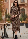 Kadın Uzun Kollu Balıkçı Yaka eopar Desenli idi Boy Elbise