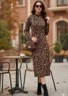 Kadın Uzun Kollu Balıkçı Yaka eopar Desenli idi Boy Elbise