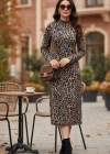 Kadın Uzun Kollu Balıkçı Yaka eopar Desenli idi Boy Elbise