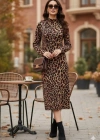 Kadın Uzun Kollu Balıkçı Yaka eopar Desenli idi Boy Elbise