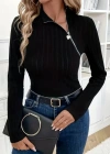 Kadın Uzun Kollu Balıkçı Yaka Fermuarlı Kaşkorse Bluz