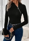 Kadın Uzun Kollu Balıkçı Yaka Fermuarlı Viskon Bluz