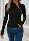 Kadın Uzun Kollu Balıkçı Yaka Fermuarlı Viskon Bluz