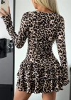 Kadın Uzun Kollu Balıkçı Yaka Fırfırlı Leopar Desenli Modal Elbise