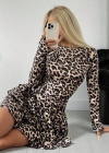 Kadın Uzun Kollu Balıkçı Yaka Fırfırlı Leopar Desenli Modal Elbise