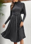 Kadın Uzun Kollu Balıkçı Yaka Kemer Detaylı Yumoş Midi Elbise