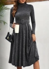 Kadın Uzun Kollu Balıkçı Yaka Kemer Detaylı Yumoş Midi Elbise