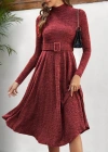 Kadın Uzun Kollu Balıkçı Yaka Kemer Detaylı Yumoş Midi Elbise