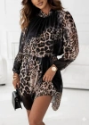 Kadın Uzun Kollu Balıkçı Yaka Leopar Desenli şifon Mini Elbise