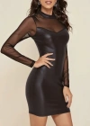 Kadın Uzun Kollu Balıkçı Yaka Tül Detaylı Mini Deri Elbise