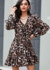 Kadın Uzun Kollu Beli Lastikli Etek Ucu Volanlı Leopar Desen Krep Elbise
