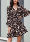 Kadın Uzun Kollu Beli Lastikli Etek Ucu Volanlı Leopar Desen Krep Elbise