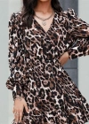 Kadın Uzun Kollu Beli Lastikli Etek Ucu Volanlı Leopar Desen Krep Elbise