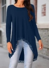 Kadın Uzun Kollu Bisiklet Yaka Asimetrik Kesim Detaylı Dantelli Viskon Bluz