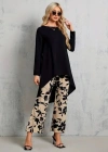 Kadın Uzun Kollu Bisiklet Yaka Asimetrik Kesim Detaylı Viskon Bluz Ve çiçek Desenli Iki Iplik Pantolon