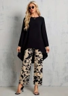Kadın Uzun Kollu Bisiklet Yaka Asimetrik Kesim Detaylı Viskon Bluz Ve çiçek Desenli Iki Iplik Pantolon