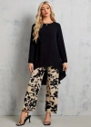 Kadın Uzun Kollu Bisiklet Yaka Asimetrik Kesim Detaylı Viskon Bluz Ve çiçek Desenli Iki Iplik Pantolon