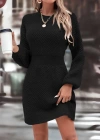 Kadın Uzun Kollu Bisiklet Yaka Balon Kol Bel Lastik Detay Triko Mini Boy Elbise